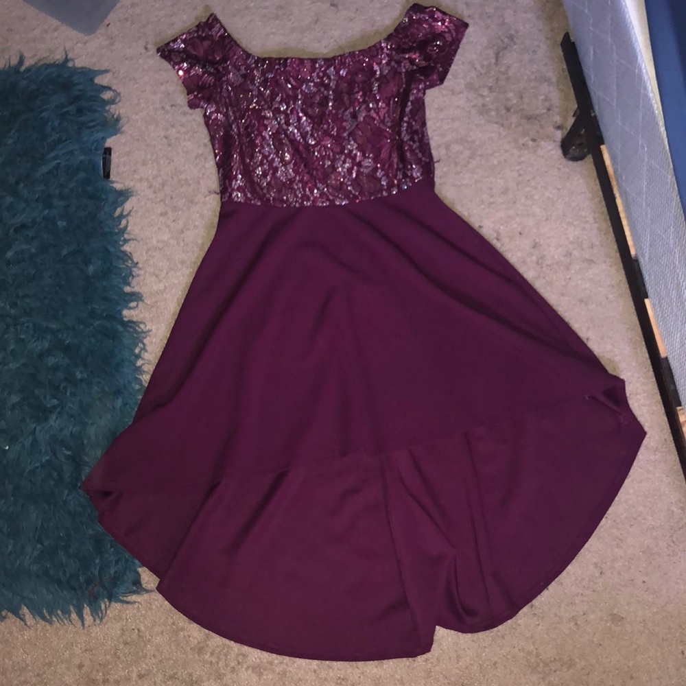 Crystal Doll Size 9 Off shoulder high low dress Color Burgundy 100% Polyester